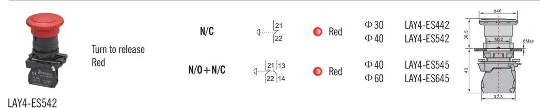 Lay4-Es542 Emergency Stop 40mm Turn to Release Mushroom Push Button