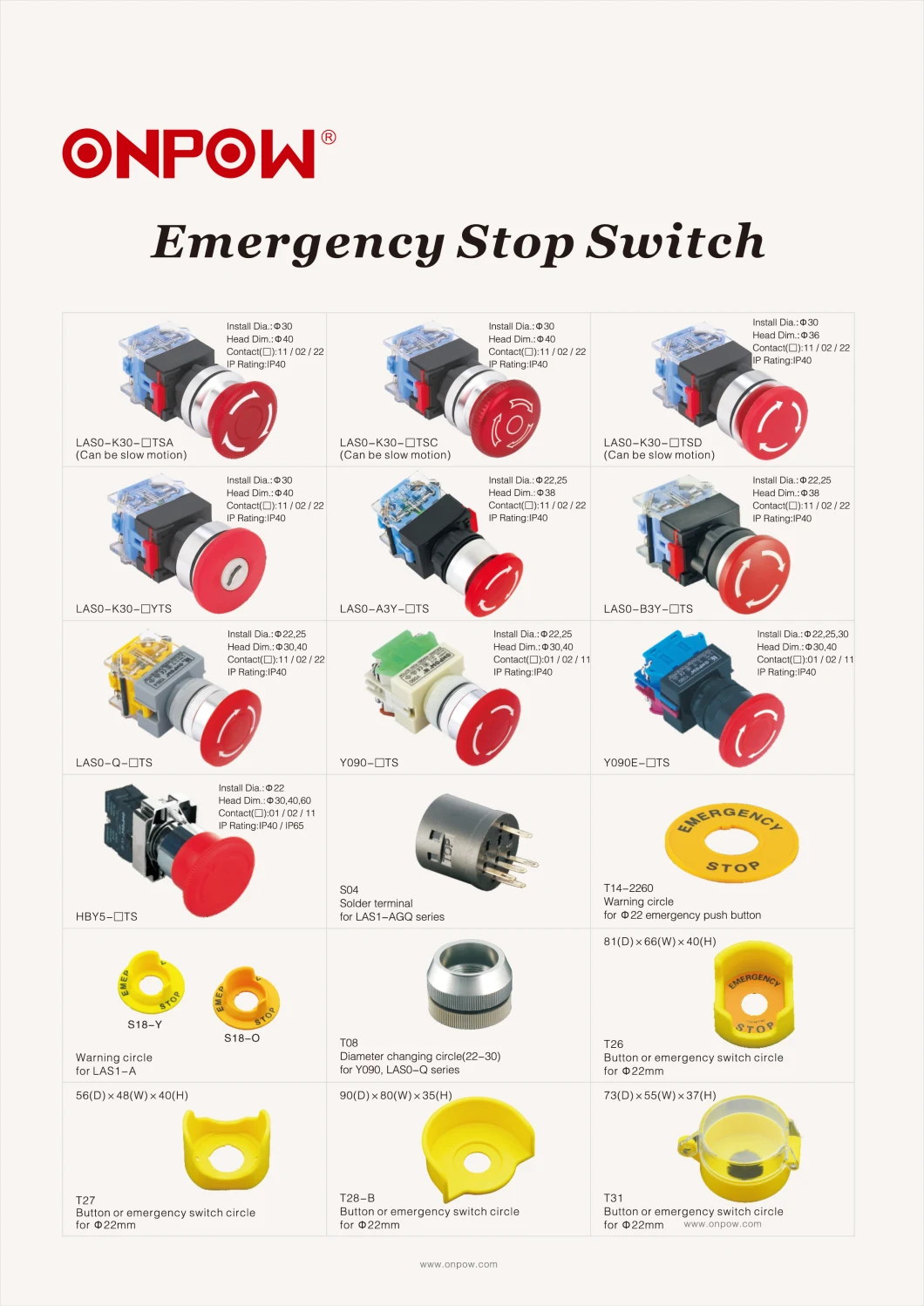 Onpow Emergency Stop Switch/16mm, 19mm, 22mm Push Button