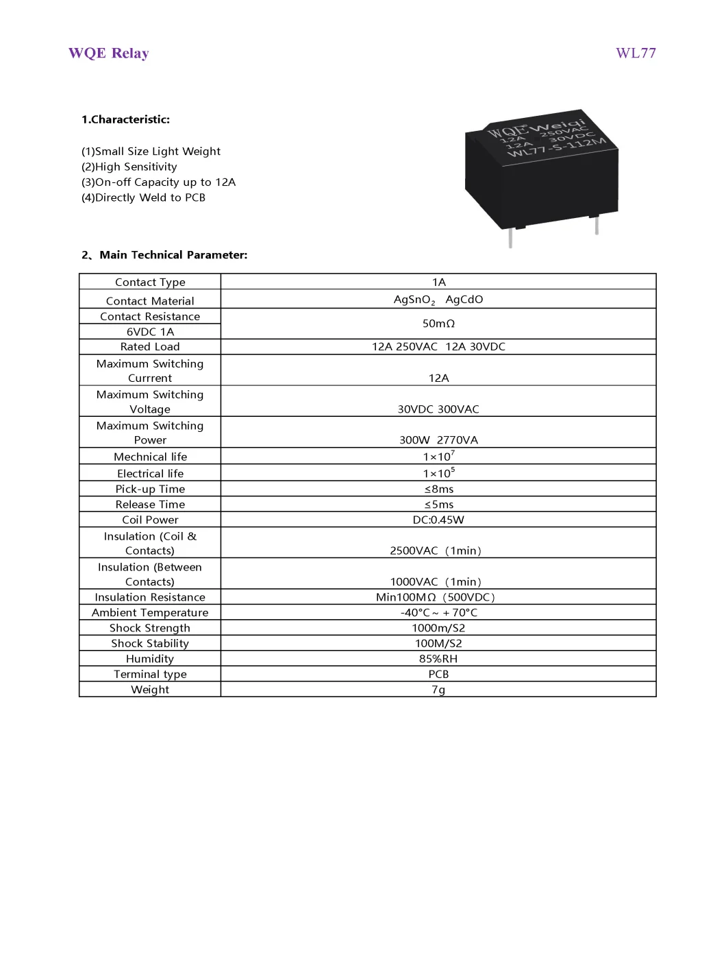 General Purpose Relay PCB Sealed Relay Power Relay 12A (WL77) Normally Open 1A Type Relays for Household Appliance / Auto Control / Smart Home / Alarm System